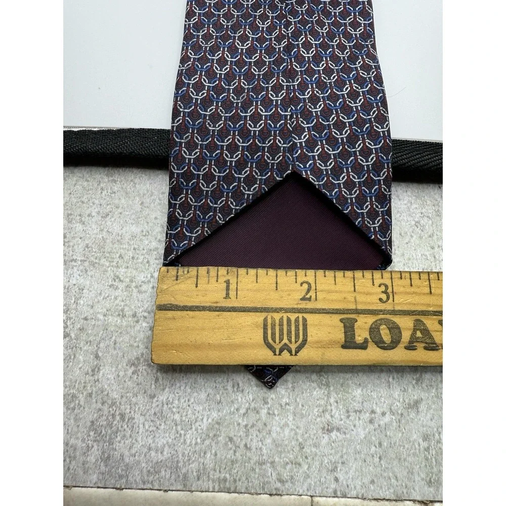 Alberto Zaffra Silk Tie USA Made Burgundy Navy Geometric‎ Chain Pattern 56.5